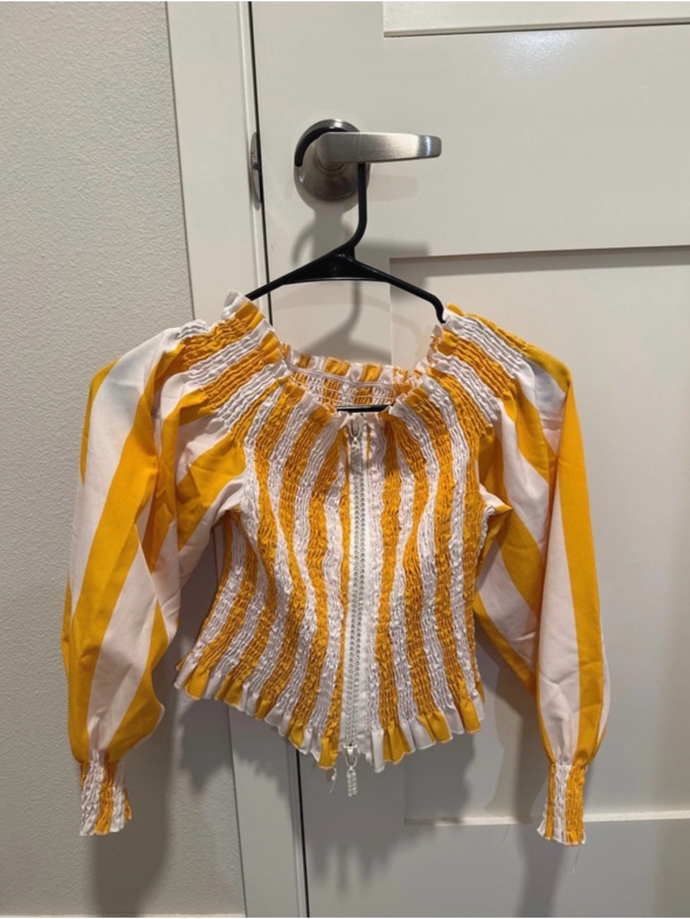 Smocked Stripe Off-Shoulder Blouse - Yellow & White